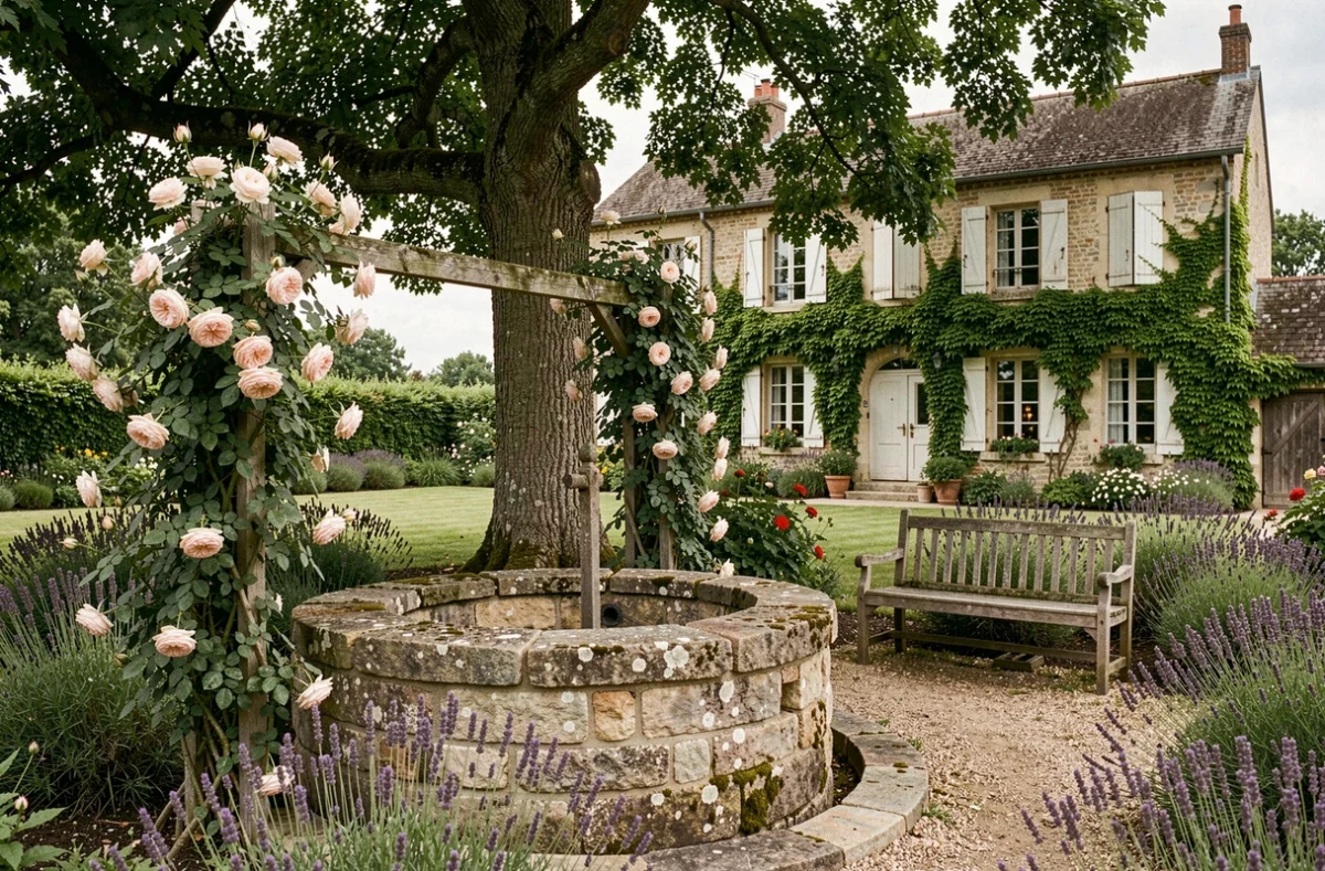 Puits en pierre ancienne entouré de roses et lavande dans le jardin champêtre du Vieux Puits à Noisy-le-Grand