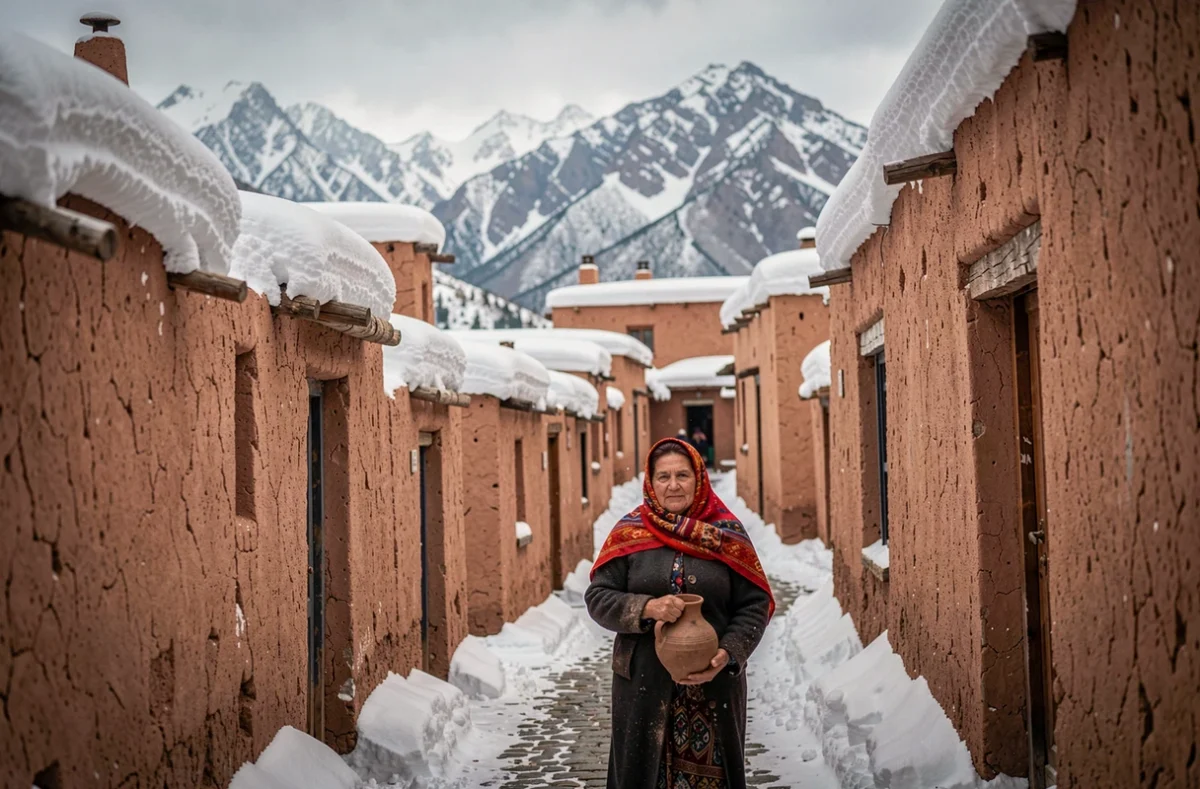 Village berbère des montagnes de l'Atlas sous la neige en hiver avec femme marocaine en tenue traditionnelle colorée