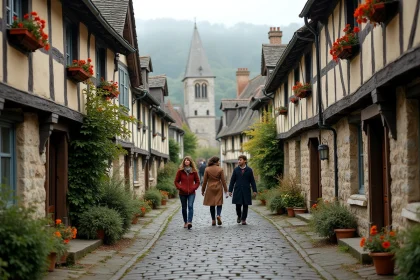 Rue pavée d'un village normand avec maisons à colombages et clocher en arrière-plan