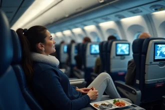Femme dans un siège d'avion en classe économique lors d'un long vol Paris-Sydney avec carte de trajet sur l'écran