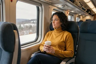 Femme assise confortablement dans un train Amtrak regardant le paysage hivernal par la fenêtre lors du trajet Montréal New York