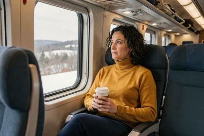 Femme assise confortablement dans un train Amtrak regardant le paysage hivernal par la fenêtre lors du trajet Montréal New York