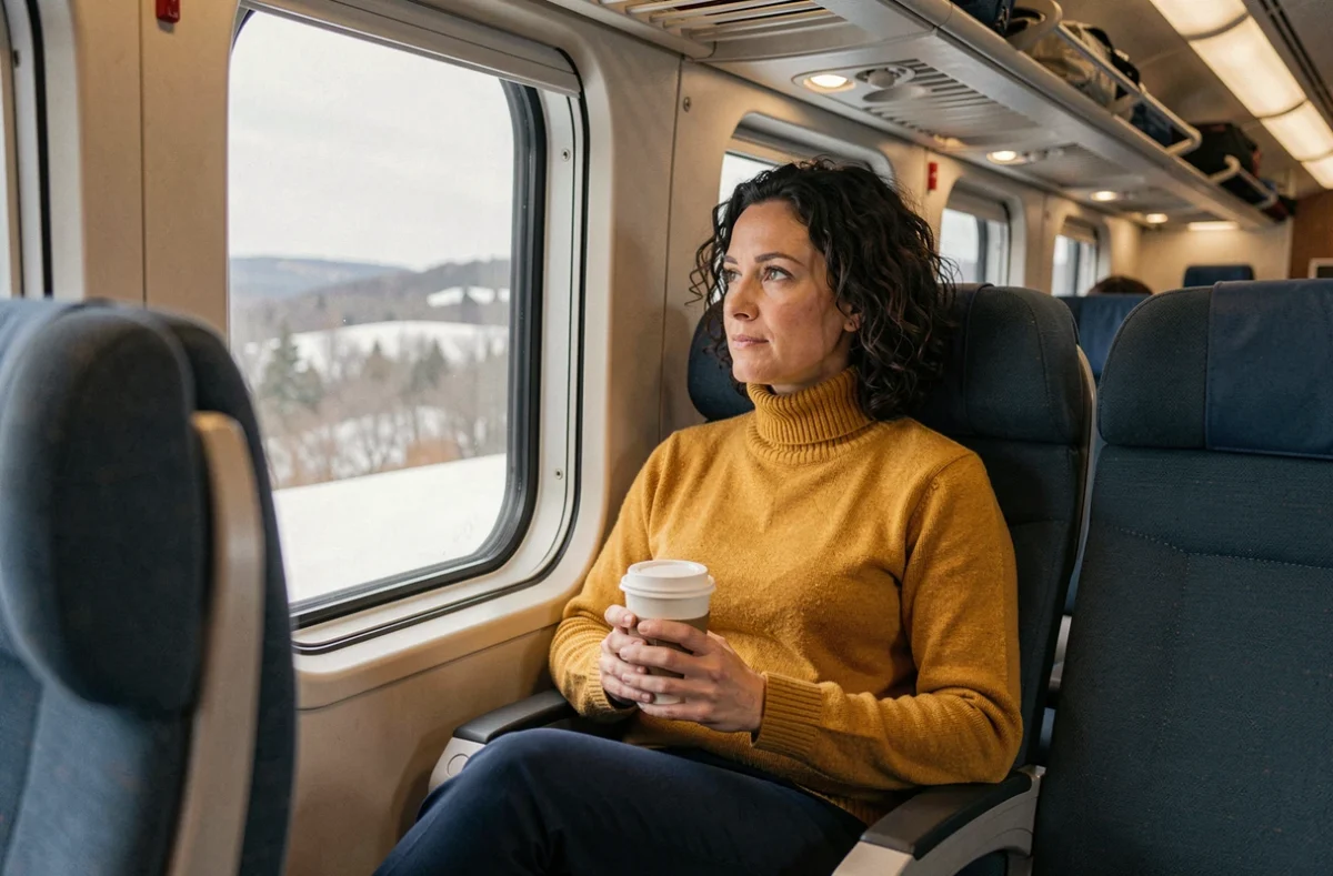 Femme assise confortablement dans un train Amtrak regardant le paysage hivernal par la fenêtre lors du trajet Montréal New York