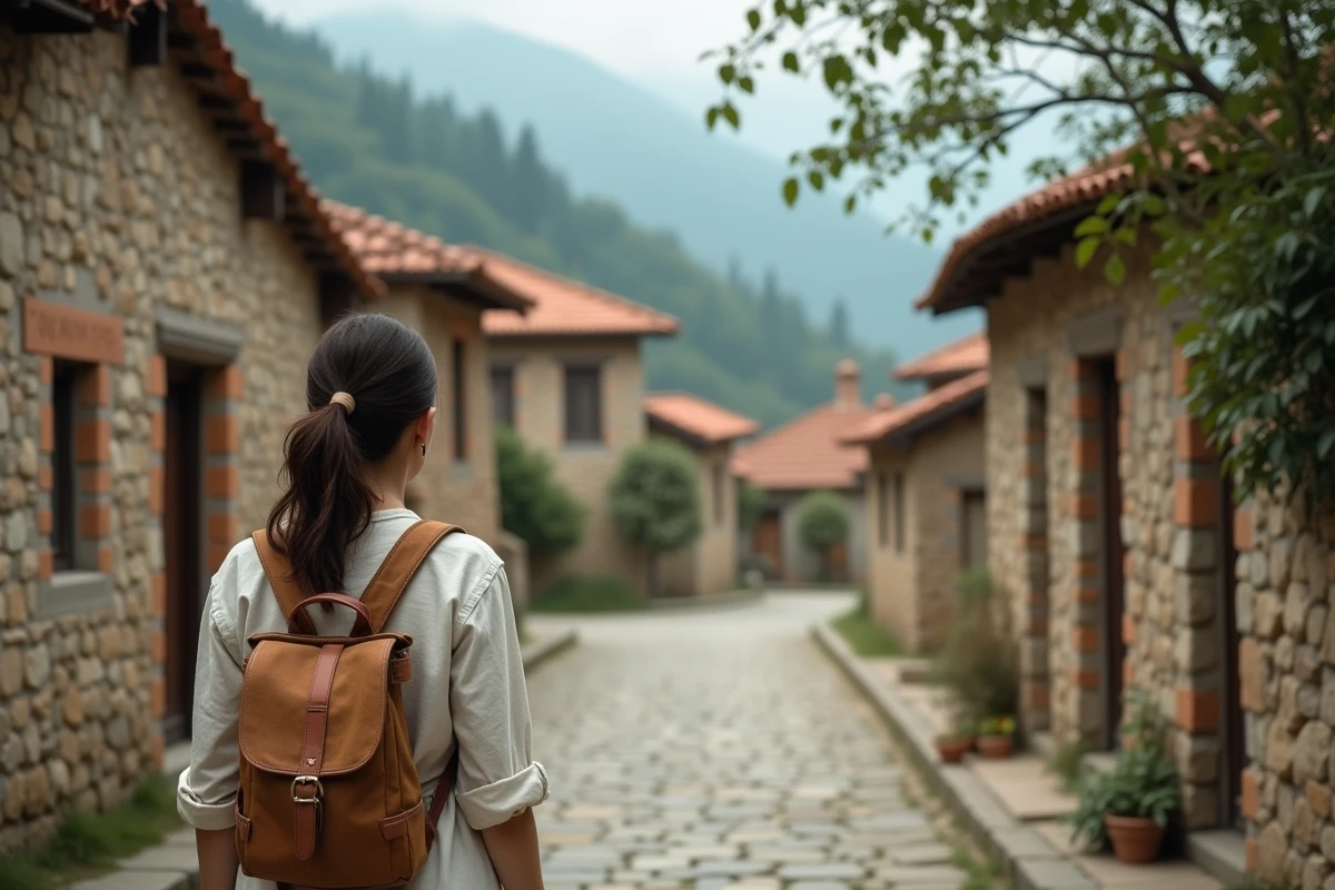 Voyageuse explorant un village de montagne isolé en Géorgie, destination voyage méconnue et authentique