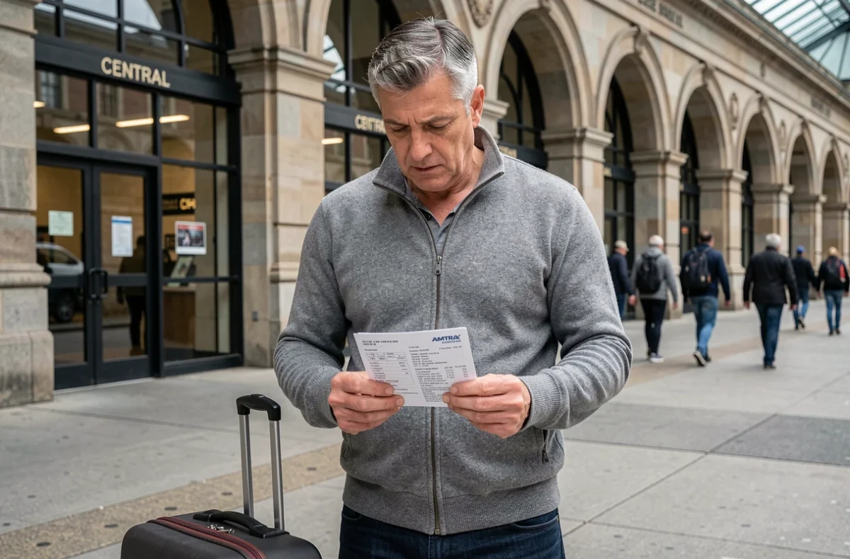 Voyageur tenant son billet Amtrak sur le quai de la gare centrale de Montréal avant le départ pour New York