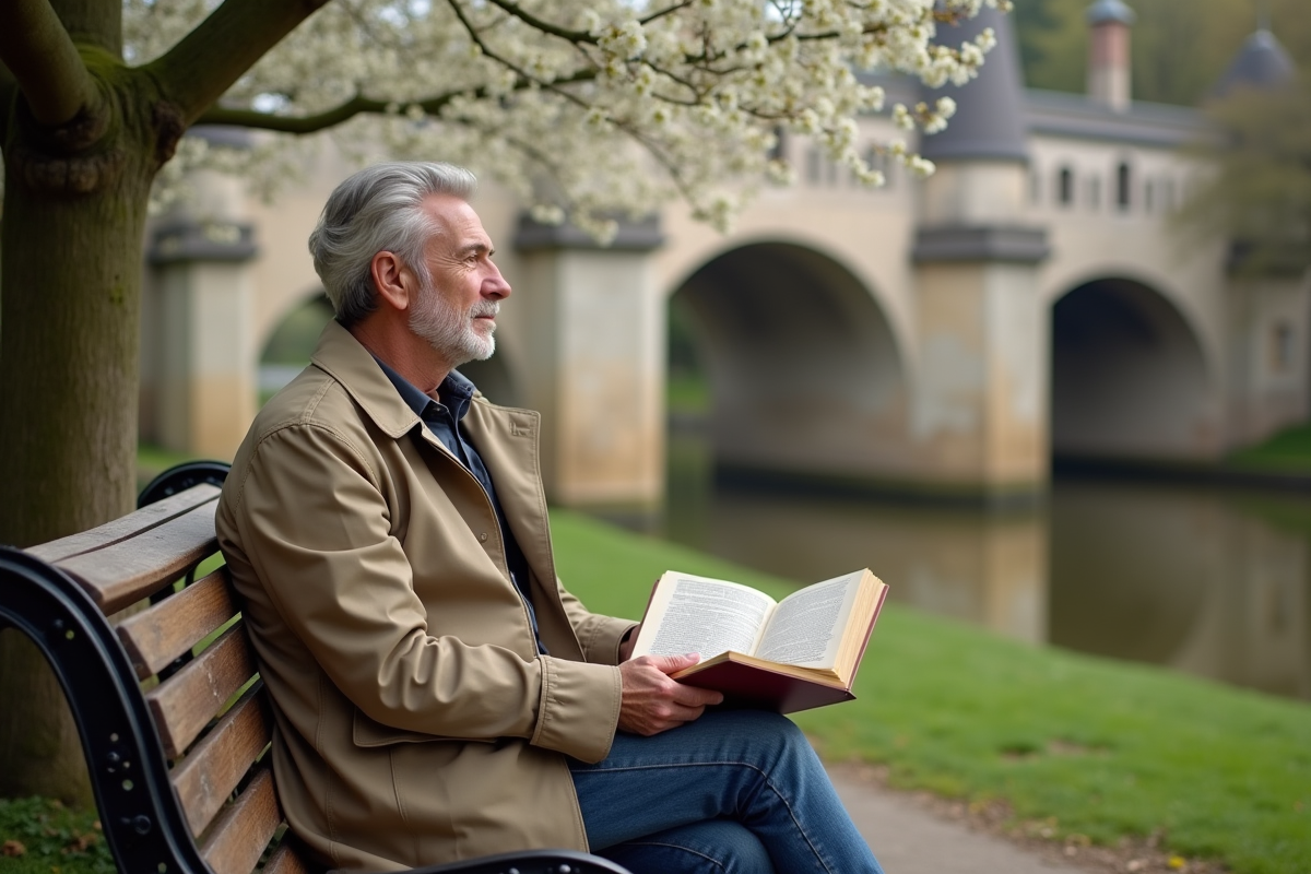 Voyageur seul assis près du château de Chenonceau au printemps