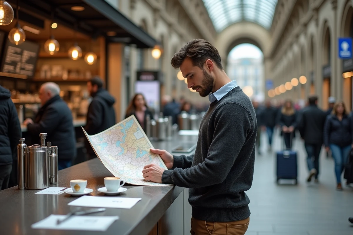 Voyageur nomade planifiant son itinéraire avec un pass Eurail dans une grande gare européenne