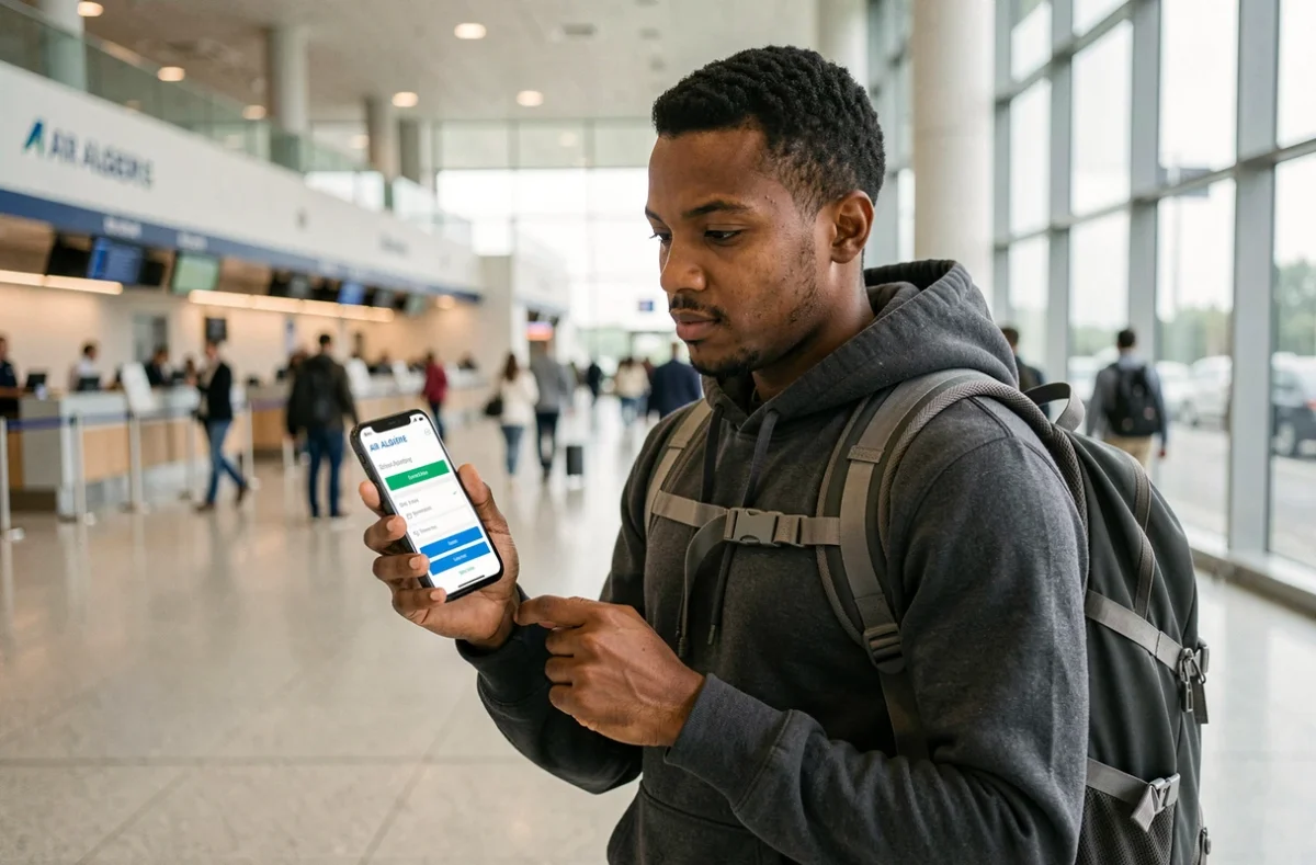 Voyageur consultant sa réservation Air Algérie sur smartphone dans un terminal d'aéroport