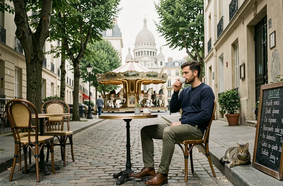 Voyageur solo en terrasse de café à Montmartre avec vue sur le Sacré-Cœur, ambiance locale parisienne