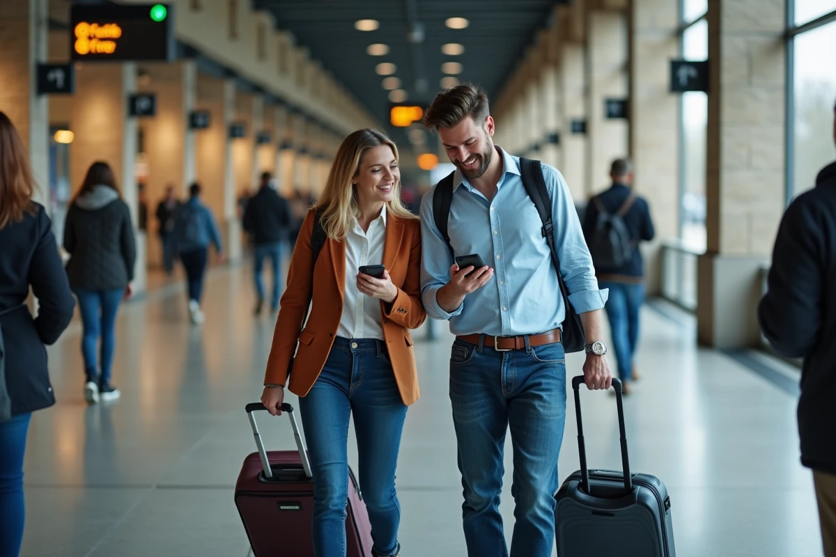 Deux voyageurs consultant leur application de correspondance ferroviaire dans les couloirs de la gare Lille Flandres