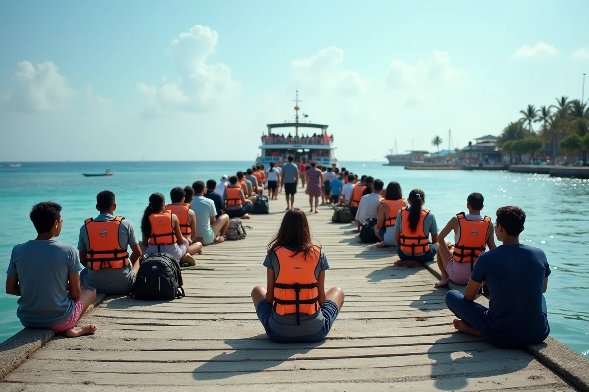 Voyageurs attendant le ferry sur le ponton de Gili Trawangan avec un bateau approchant à l'horizon