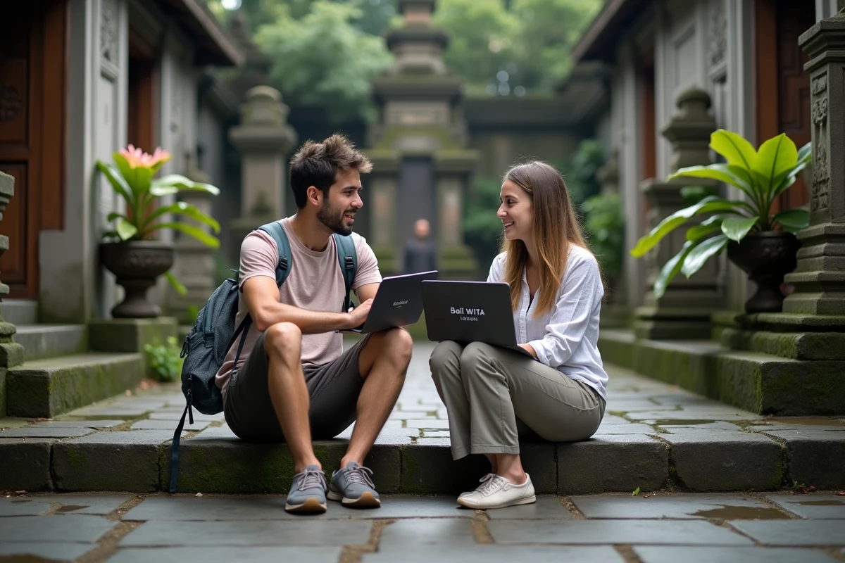 Deux voyageurs consultant un convertisseur de fuseaux horaires sur ordinateur portable dans un temple balinais