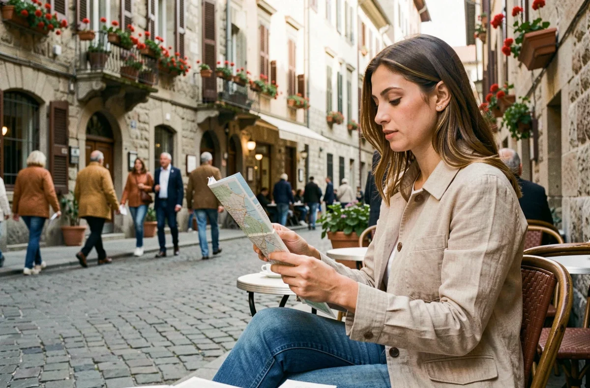 Voyageuse consultant une carte dans un café en terrasse au cœur d'une ville européenne très touristique