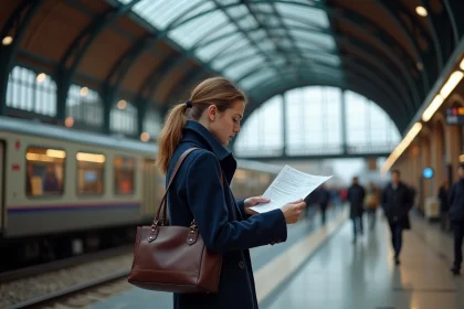 Voyageuse consultant son billet de correspondance sur le quai de la gare Lille Flandres