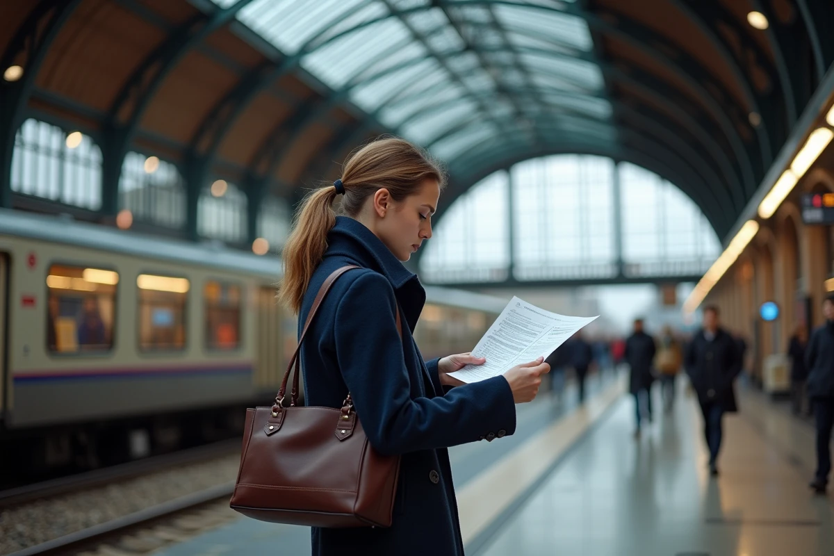Voyageuse consultant son billet de correspondance sur le quai de la gare Lille Flandres