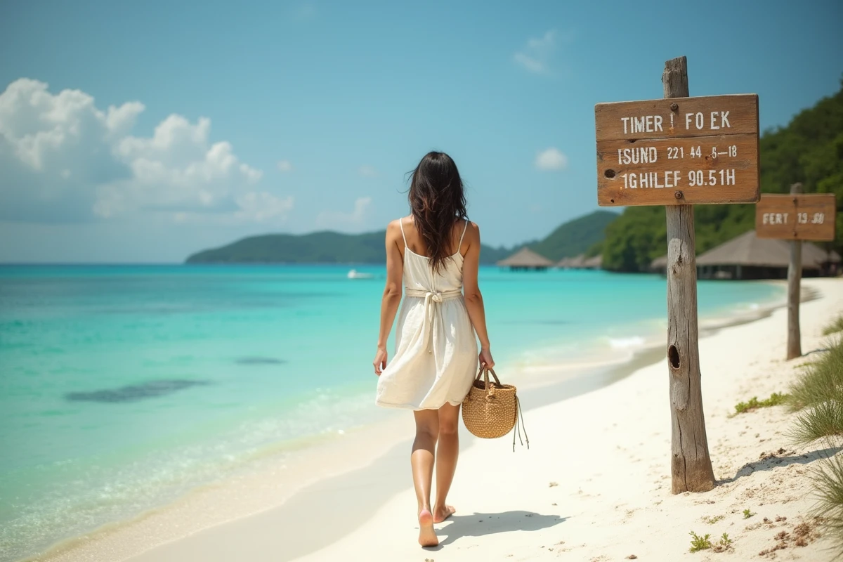 Voyageuse consultant des panneaux de direction pour les trajets en ferry entre Gili Trawangan et Gili Air
