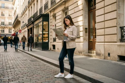 Voyageuse solo consultant une carte dans le quartier du Marais à Paris, façades haussmanniennes en arrière-plan