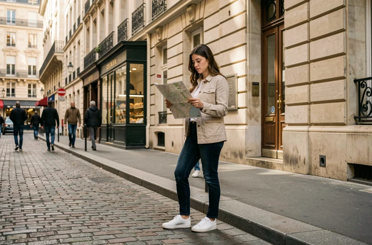 Voyageuse solo consultant une carte dans le quartier du Marais à Paris, façades haussmanniennes en arrière-plan