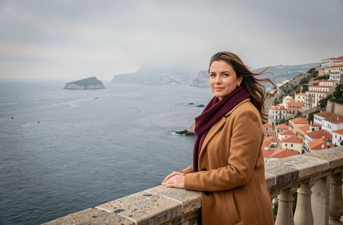 Femme contemplant la vue sur le détroit de Gibraltar depuis la Terrasse des Paresseux à Tanger en hiver