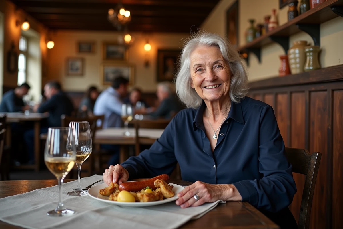 Femme dégustant une choucroute garnie dans une winstub traditionnelle alsacienne typique du Bas-Rhin